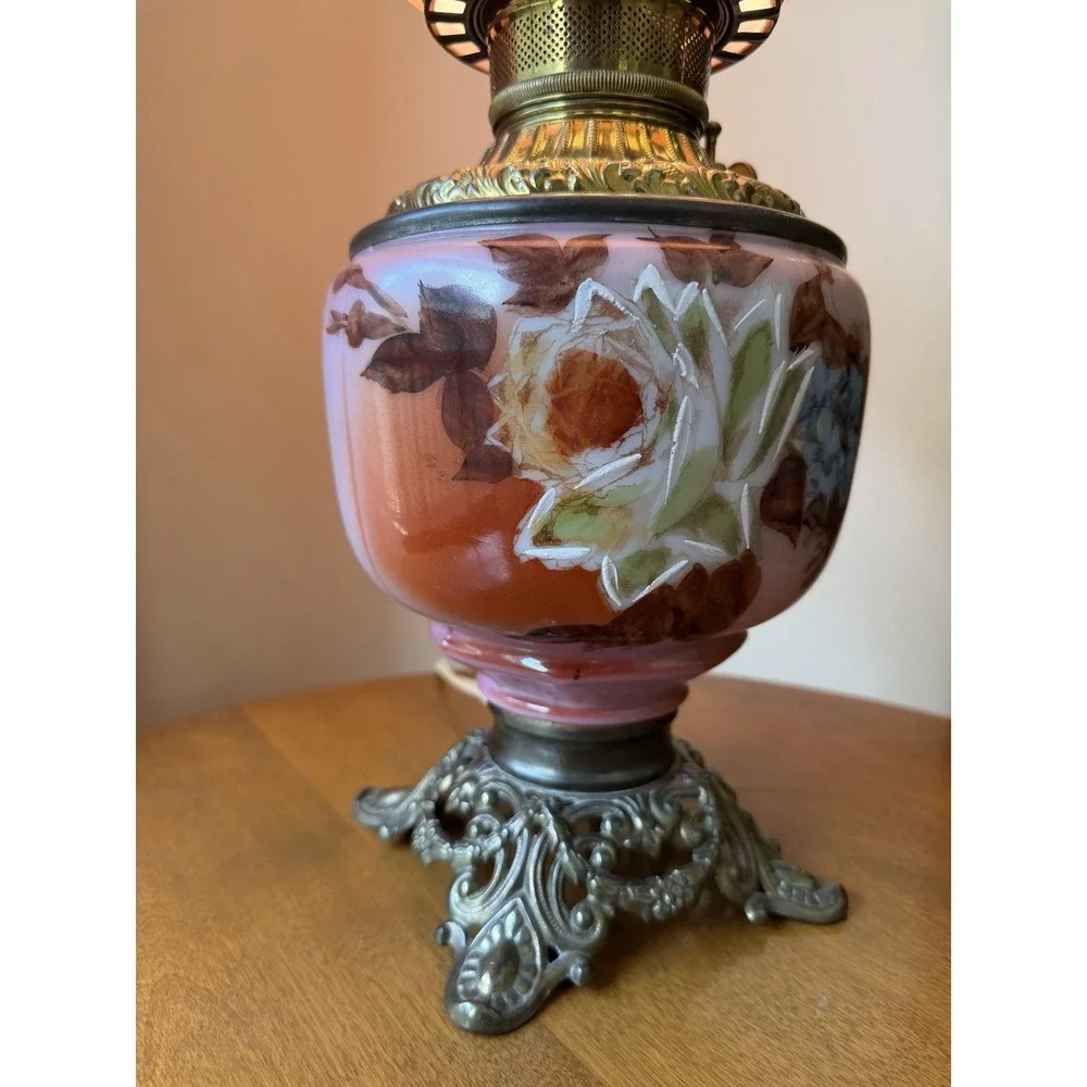 Antique GONE WITH THE WIND Lamp Electrified Oil Lamp Painted ROSES 24